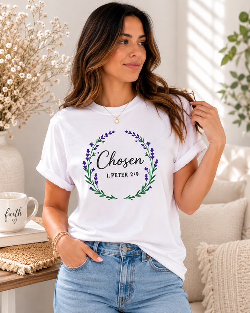 Chosen Christian T-Shirt Bible Verse Floral Faith Tee Women's Faith Gift Church Scripture Apparel
