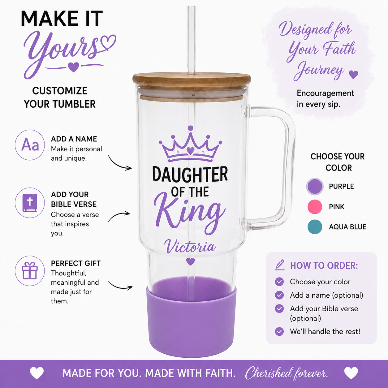Personalized Daughter of the King 40oz Glass Tumbler Christian Gift for Women Custom Name Cup