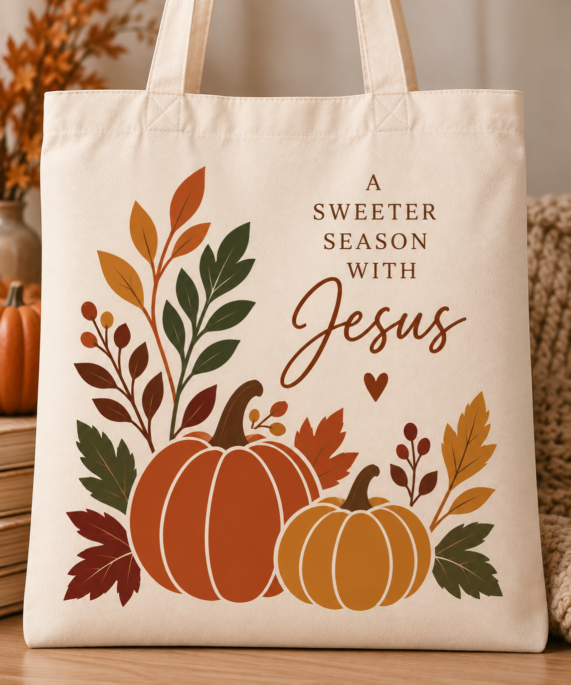 Christian Fall Canvas Tote Bag, Walk by Faith, Autumn Leaves, Bible Gift for Students