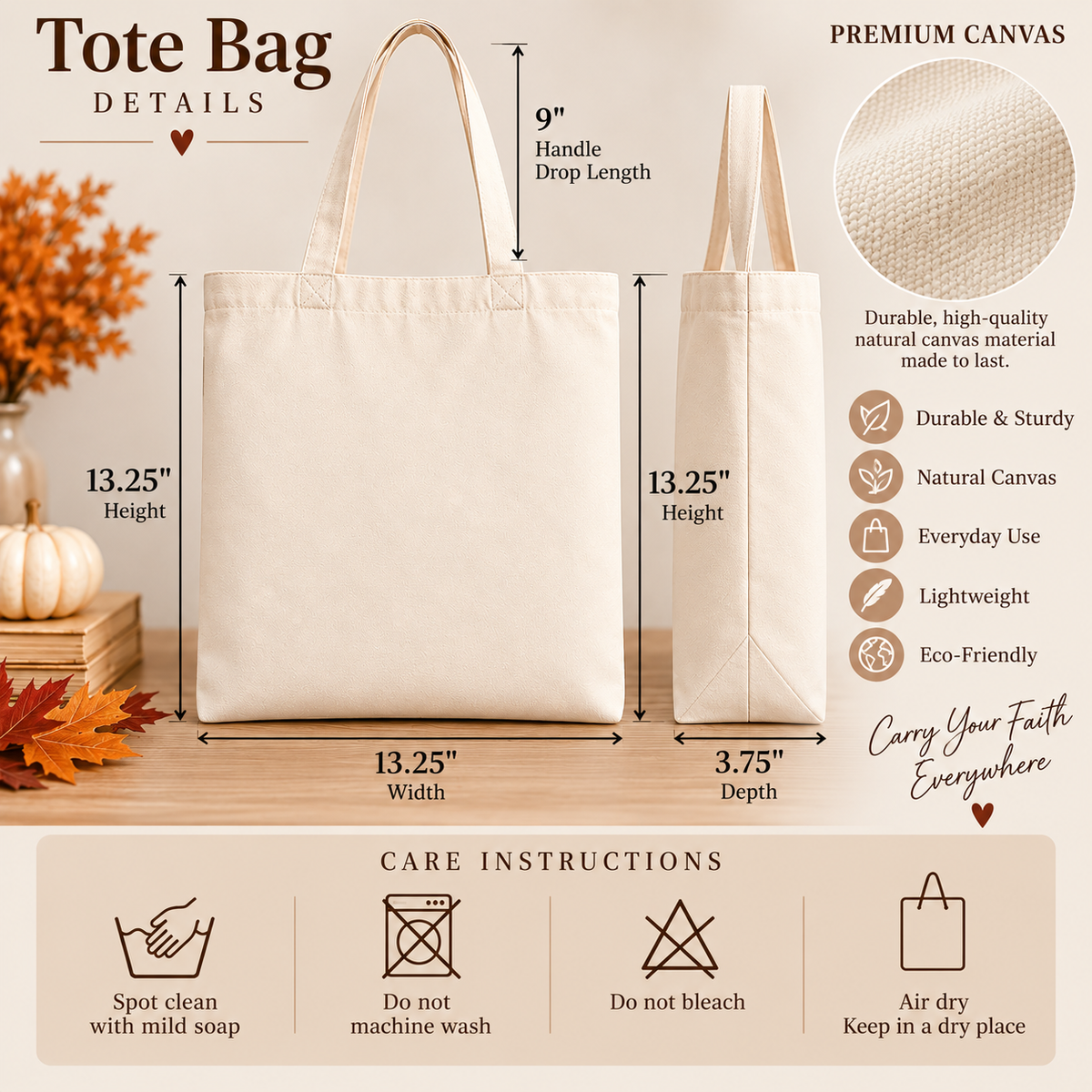 Christian Fall Canvas Tote Bag, Walk by Faith, Autumn Leaves, Bible Gift for Students