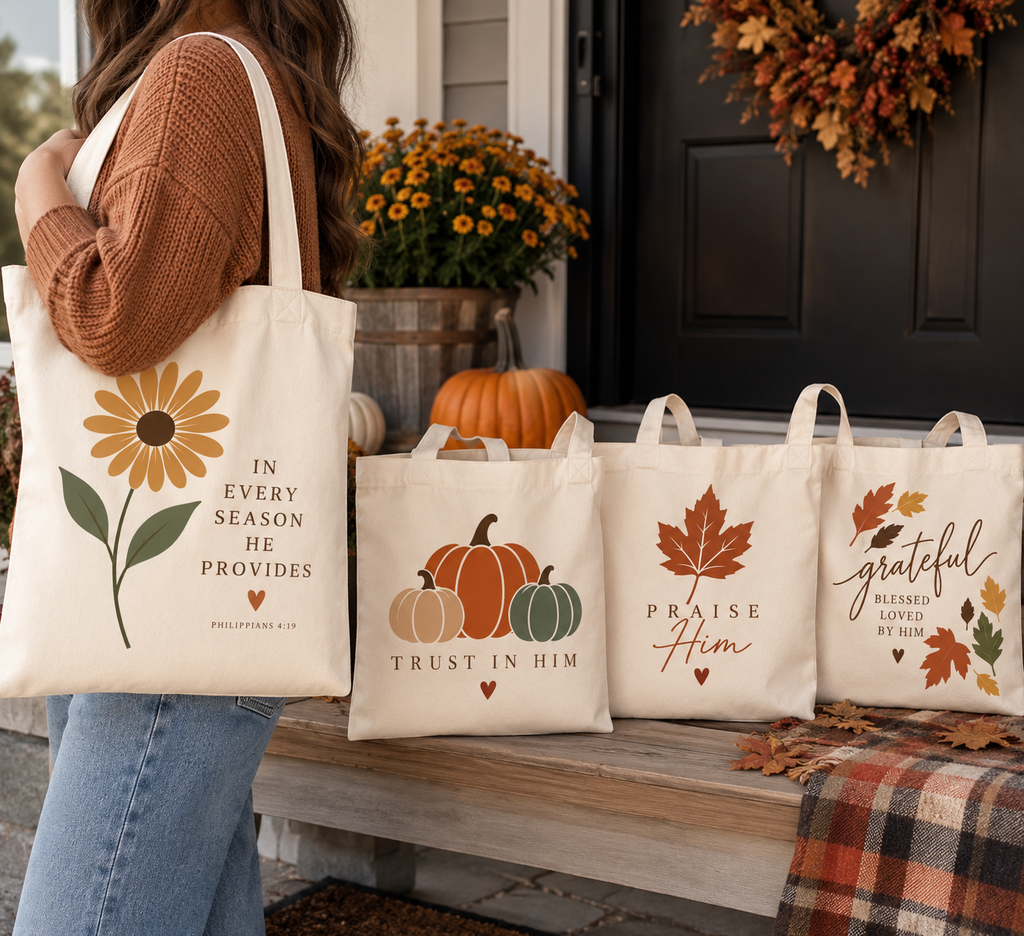Christian Fall Canvas Tote Bag, Walk by Faith, Autumn Leaves, Bible Gift for Students