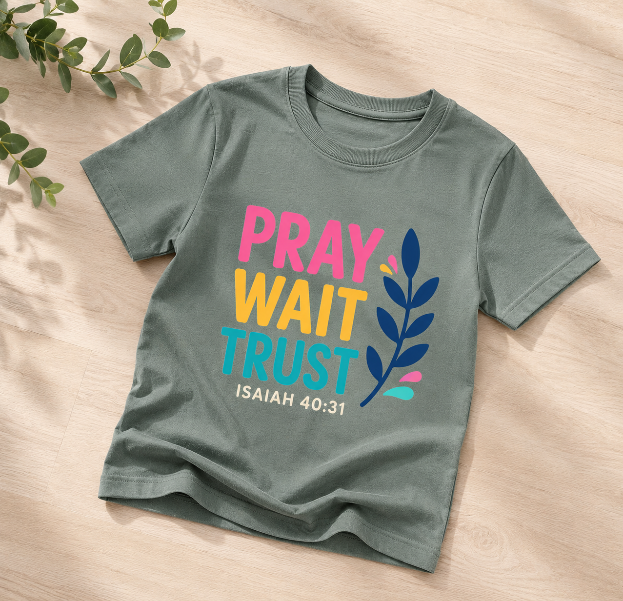 Kids Christian T-Shirt – Pray Wait Trust Isaiah 40:31 Cotton Youth Tee