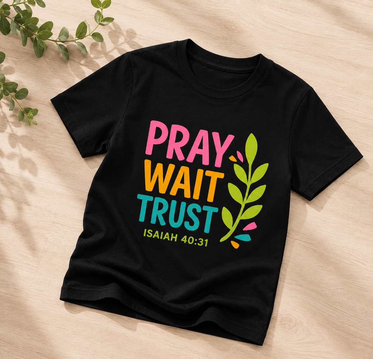 Kids Christian T-Shirt – Pray Wait Trust Isaiah 40:31 Cotton Youth Tee