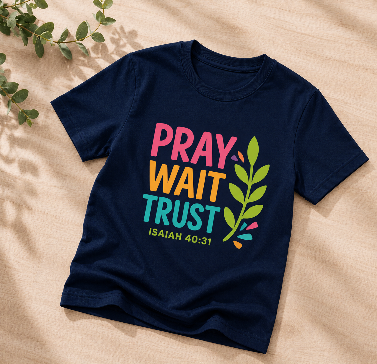 Kids Christian T-Shirt – Pray Wait Trust Isaiah 40:31 Cotton Youth Tee