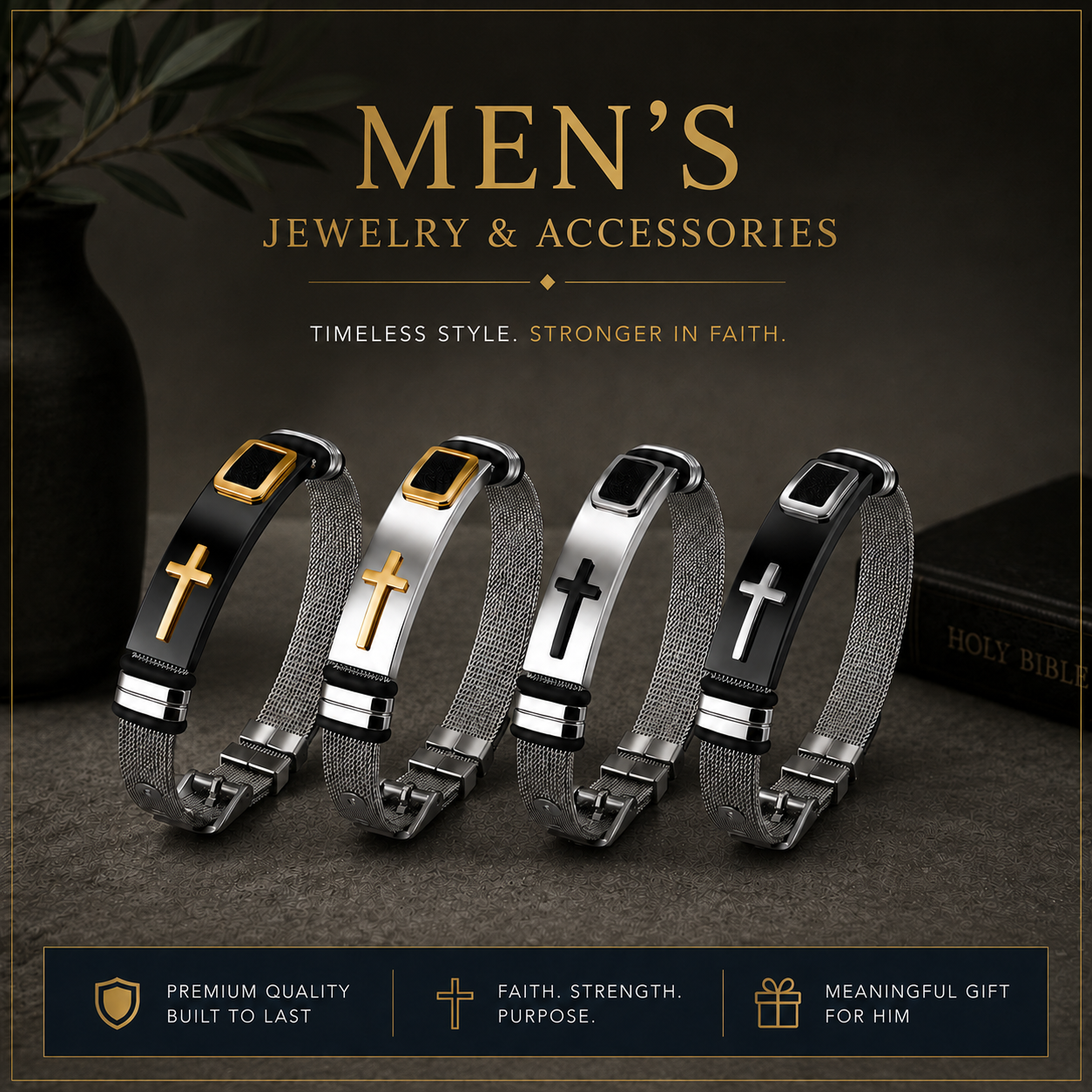 Men's Cross Bangle Bracelet Premium Stainless Steel
