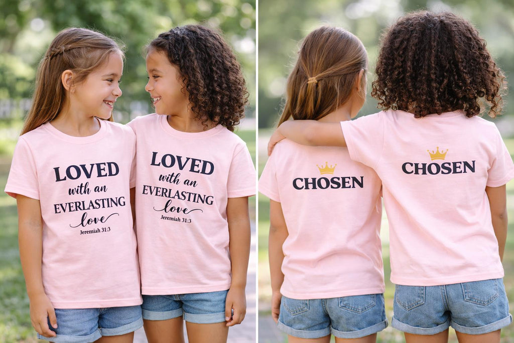 Kids Christian T-Shirt “Loved & Chosen” Summer Tee Young Adult Unisex Cotton Shirt Customizable Gift