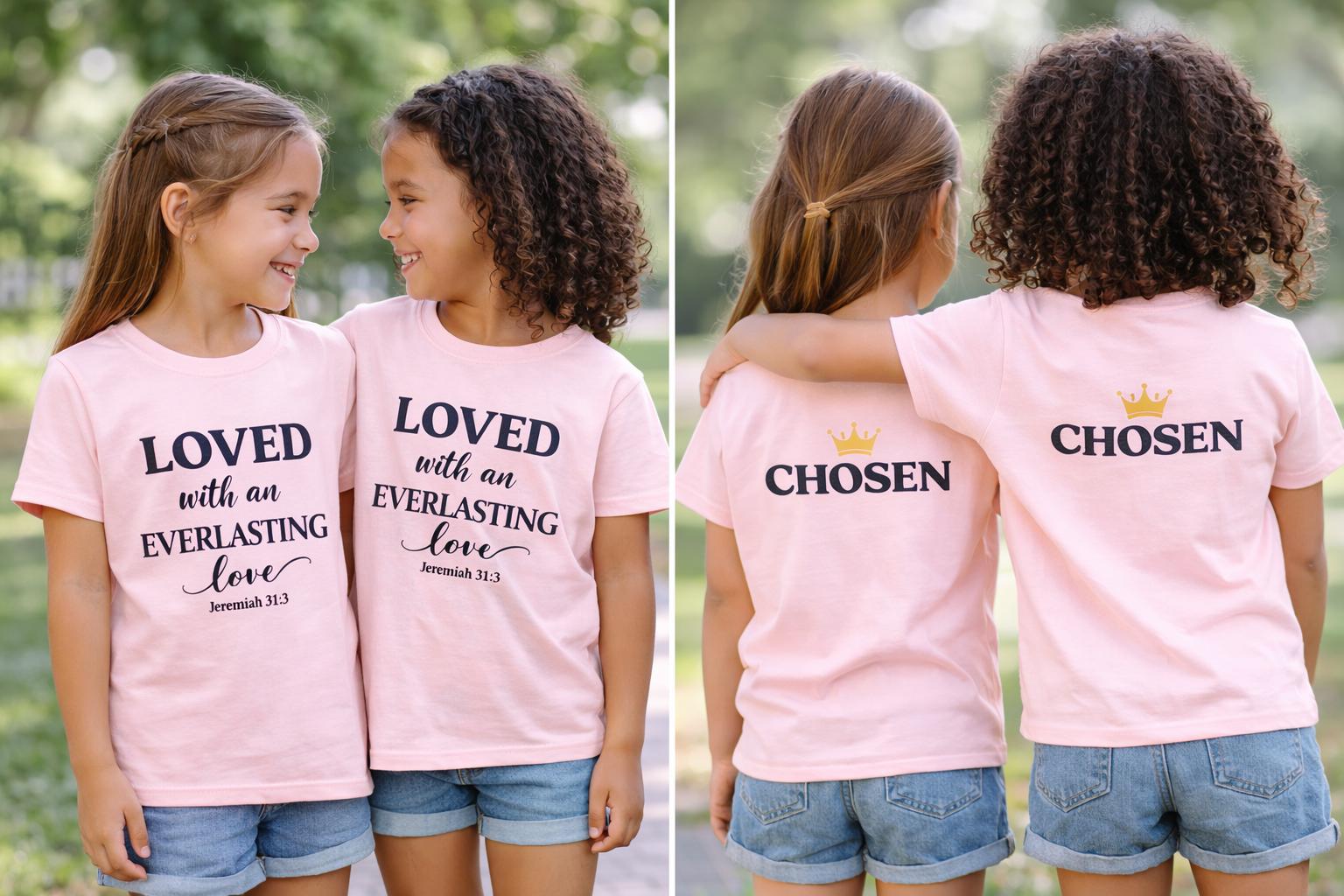 Kids Christian T-Shirt “Loved & Chosen” Summer Tee Young Adult Unisex Cotton Shirt Customizable Gift