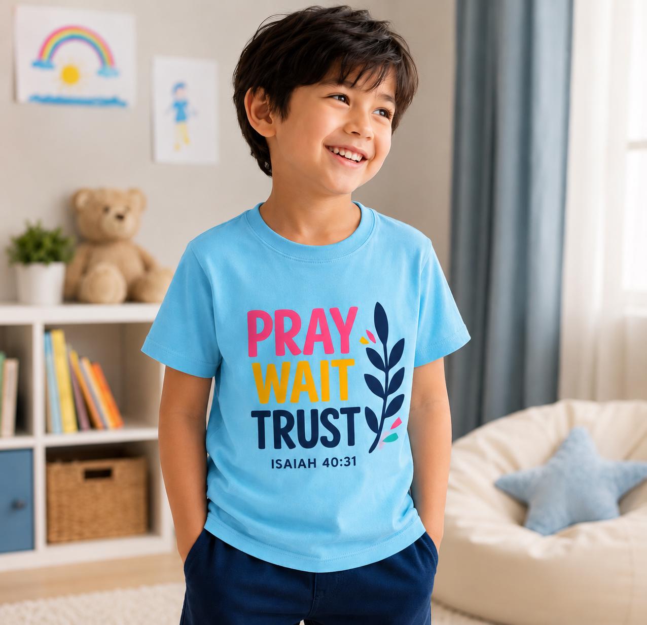 Kids Christian T-Shirt – Pray Wait Trust Isaiah 40:31 Cotton Youth Tee
