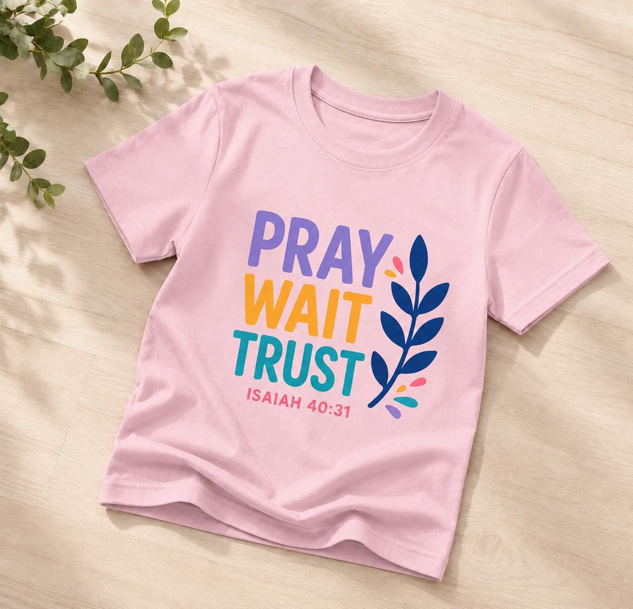 Kids Christian T-Shirt – Pray Wait Trust Isaiah 40:31 Cotton Youth Tee