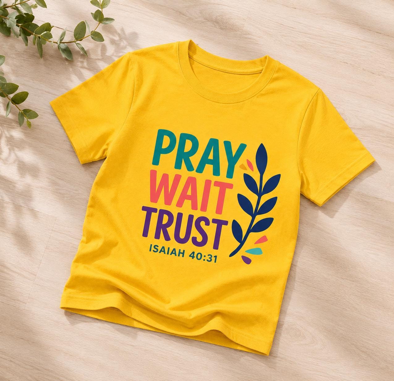 Kids Christian T-Shirt – Pray Wait Trust Isaiah 40:31 Cotton Youth Tee