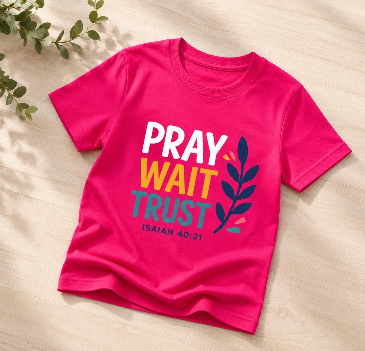 Kids Christian T-Shirt – Pray Wait Trust Isaiah 40:31 Cotton Youth Tee