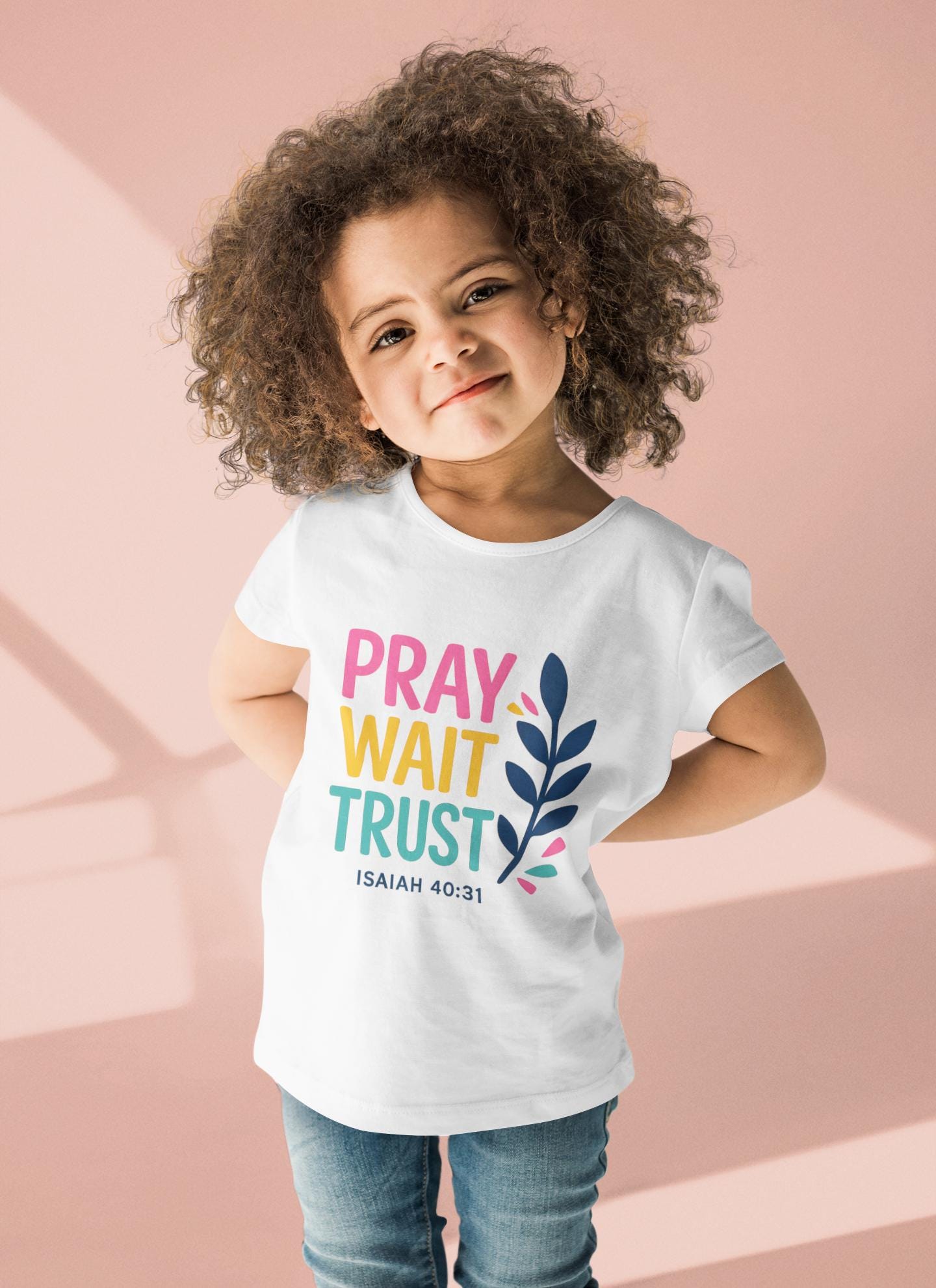 Kids Christian T-Shirt – Pray Wait Trust Isaiah 40:31 Cotton Youth Tee